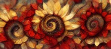 Surreal Ammonite Swirls And Petal Spirals With Rustic Yellow Sunflowers And Darker Scarlet Red Colors. Imaginative Floral Fresco Type Illustration Art That Is Out Of The Ordinary And Fascinating. 