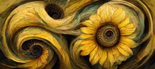Surreal Ammonite Swirls And Petal Spirals With Golden Yellow Sunflowers And Hints Of Teal Green Colors. Imaginative Floral Fresco Type Illustration Art That Is Out Of The Ordinary And Fascinating. 