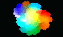 Bright Colorful 3d Cloud Of Mixed Red Yellow Blue Orange Paint On Dark Background. Multicolored Smudges Of Catchy Hues Attract And Scream. Expressive Emotional Digital Artwork. Joyful Work For Design.