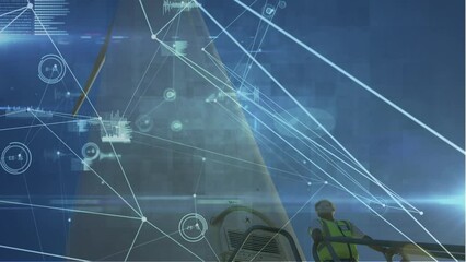 Poster - Animation of network of connections and data processing over male architect standing on a windmill