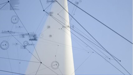 Poster - Animation of network of connections and data processing over male architect standing on a windmill