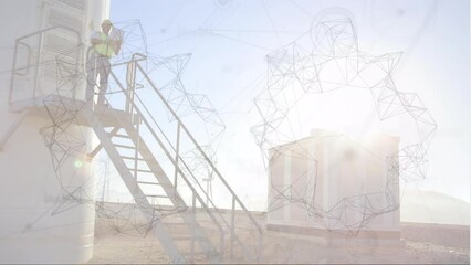 Poster - Animation of network of connections over male architect standing on a windmill