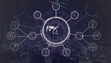 Poster - Animation of rotating globe in circle connecting with computer icons, trading board over cityscape