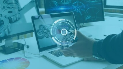 Poster - Animation of scanning icon over hand of caucasian engineer holding car model by laptop and computers
