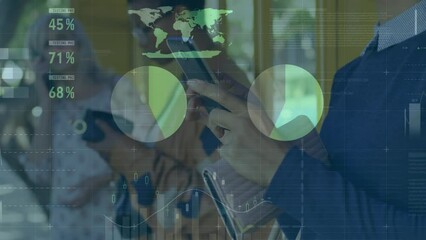 Poster - Animation of charts, graphs and data moving over multiracial employees using smartphones in office