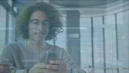 Poster - Animation of digital interface over smiling biracial young man with curly hair using mobile phone
