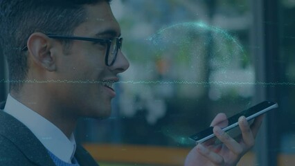 Poster - Animation of digital line and globe over happy caucasian businessman talking over mobile phone