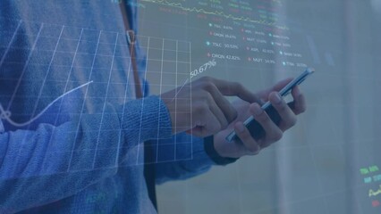 Poster - Animation of chart and trading board moving over midsection of caucasian man using mobile phone