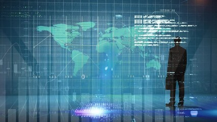 Poster - Animation of data processing and statistics over world map and businessman