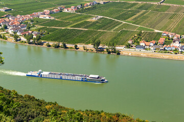 Wall Mural - Turist ship on Danube river near Krems town in Wachau valley. Lower Austria.