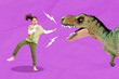 Leinwandbild Motiv Collage photo of childish girl shocked pointing dinosaur amusement park wow scream isolated on purple color background