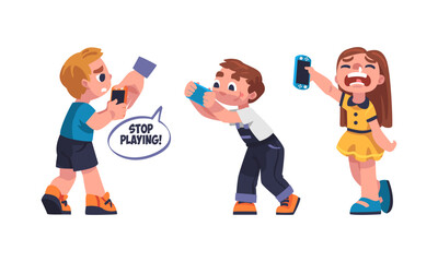 Sticker - Boy and Girl with Console Addicted to Gadget Playing Video Game Vector Set