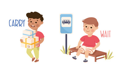 Sticker - Little Boy Carrying Parcels in Cardboard Box and Waiting for the Bus Vector Set