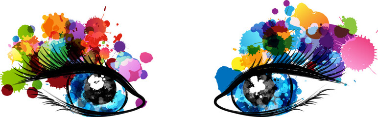 Wall Mural - beautiful blue eyes with rainbow paint splash decorative elements. conceptual vector illustration in