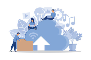 Poster - cloud data storage, online store on the network on the server, flat stylish graphics little people w