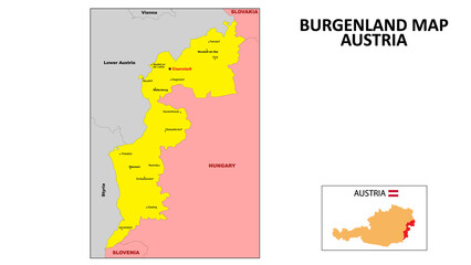  Burgenland Map. State and district map of Burgenland. Political map of Burgenland with the major district