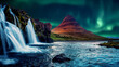 Kirkjufell mountains in winter. Fantastic winter scenery. Wonderful view on Kirkjufell mountain with Northern Light, Iceland. Incredible Nature landscape of Iceland. Famous travel destination.