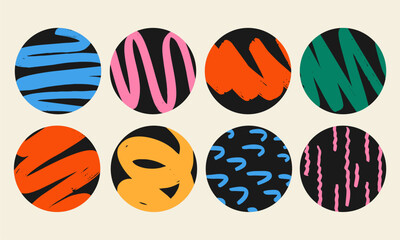 Wall Mural - Set of round Abstract colorful Backgrounds or Patterns. Hand drawn doodle shapes. Spots, drops, curves, Lines. Contemporary modern trendy Vector illustration. Posters, Social media Icons templates.
