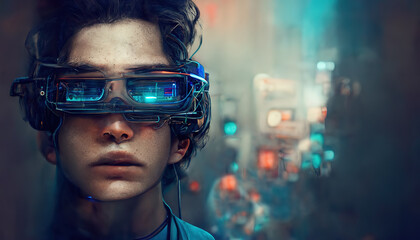 Poster - VR and AR technology futuristic concept. Man wearing 3d VR headset glasses looks up in cyberspace of metaverse. Future digital technology game and entertainment. 3d render