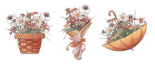 Vector Set From Three Illustration Of Wildflowers Bouquet, Arrangement In Basket And Umbrella With Flowers. Floral Illustration With For Postcard Design, Flower Shop Decoration, Banner, Poster.