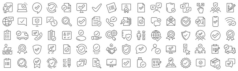 Fototapete - Set of check and approve line icons. Collection of black linear icons