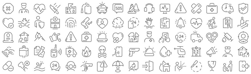 Poster - Set of emergency and accident line icons. Collection of black linear icons