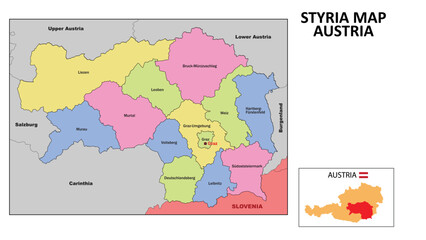 Sticker - Styria Map. State and district map of Styria. Political map of Styria with neighboring countries and borders.