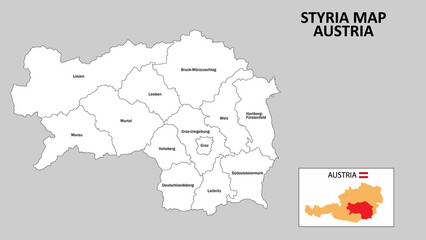 Wall Mural - Styria Map. State and district map of Styria. Administrative map of Styria with district and capital in white color.