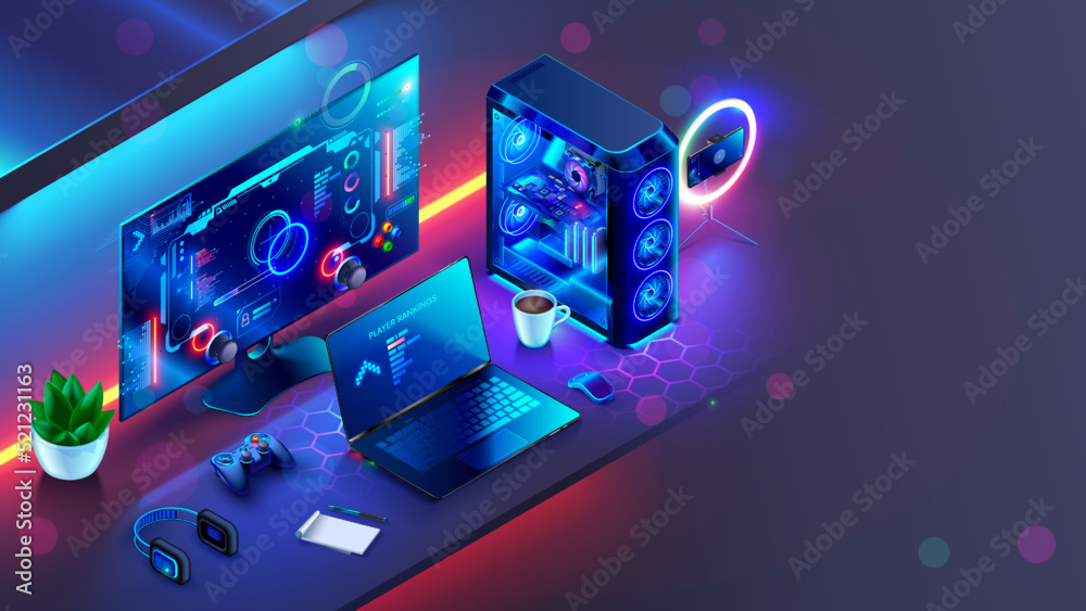 Gaming computer on desk in video gamer room with neon lights. Gaming PC monitor with abstract interface of computer game. Workstation of gaming streamer on table. Work station with neon cooler. Esport