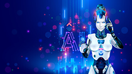 Leinwandbilder - Serious beautiful robot woman or girl cyborg looks in eyes. AI in image female electronic robotic humanoid machine. Future cybernetic artificial intelligence technology. Portrait lovely model cyborg.