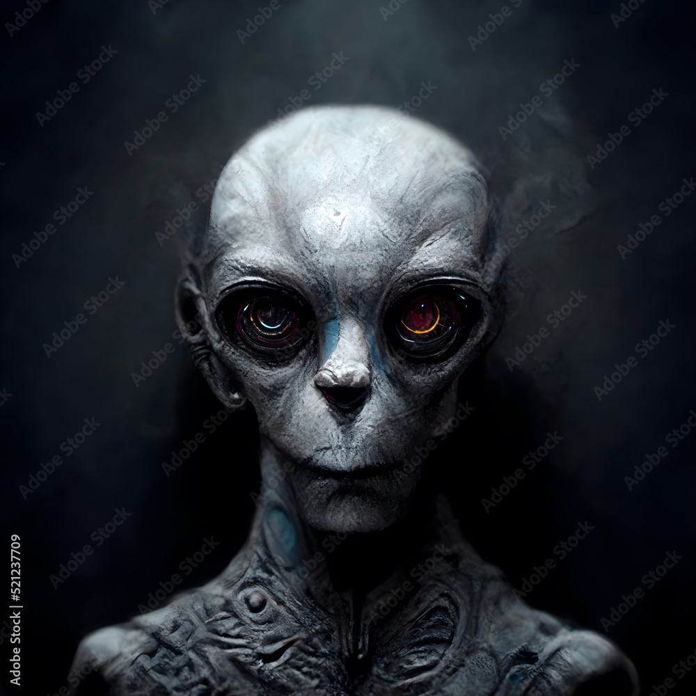 Alien creature creepy Portrait 3D illustration with dramatic lighting ...