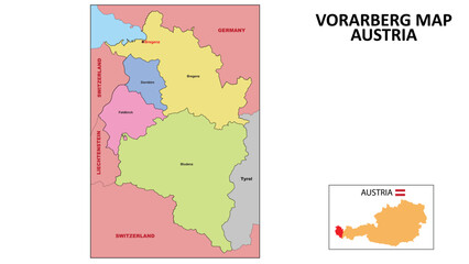  Vorarlberg Map. State and district map of Vorarlberg. Political map of Vorarlberg with neighboring countries and borders.