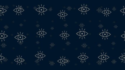 Poster - Vision symbols float horizontally from left to right. Parallax fly effect. Floating symbols are located randomly. Seamless looped 4k animation on dark blue background