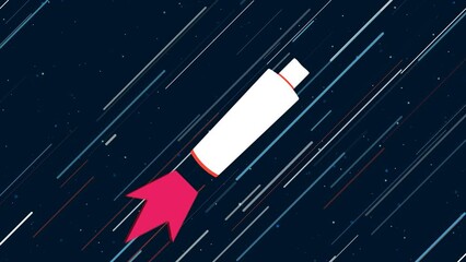 Poster - Shampoo symbol flies through the universe on a jet propulsion. The symbol in the center is shaking due to high speed. Seamless looped 4k animation on dark blue background with stars