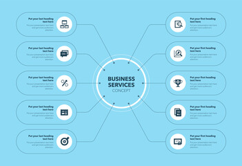 Poster - Modern business services concept - blue version. Concept of ten stages with minimalistic icons.