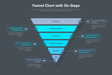 Leinwandbilder - Funnel chart template with six steps - dark version. Slide for business presentation.