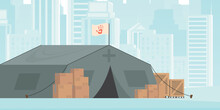 Camp For Humanitarian Aid. Tents, Boxes And Pallets. Trendy Style. Vector Illustration.