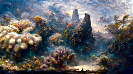 Artistic concept of painting a beautiful underwater coral reef. Tender and dreamy design, background