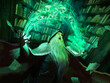 An old necromancer with a long gray beard stands in the library, laughing ominously, holding a book from which he absorbs souls