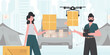 Camp for humanitarian aid. The drone is transporting the parcel. Man and woman with cardboard boxes. Vector illustration.