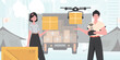 Camp for humanitarian aid. The drone is transporting the parcel. Man and woman with cardboard boxes. Vector.