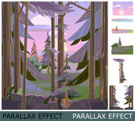Wall Mural - lilac twilight before sunrise. end of night in dense pine forest. image from layers for overlay with