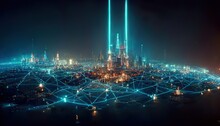 Futuristic Neon City In An Isometric Form. The Concept Of Connecting Devices, Communication Between Devices. Future City Transport System Banner. 3d Render