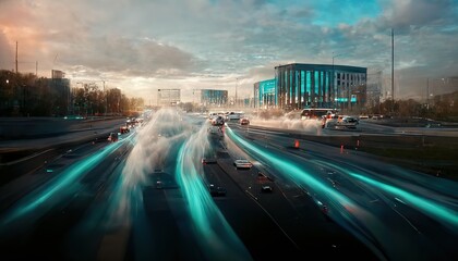 Poster - Digital data flow against the background of a city and a road with motion blur, fast data transfer. Digital skyscrapers with a wire texture. Technology and connection concept. 3D render