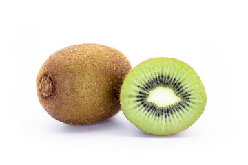 Wall Mural - Ripe whole kiwi fruit and cut in half isolated on white background.