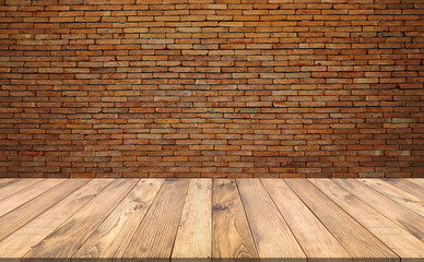 Wall Mural - Old wood table with abstract old brick wall with light background for product display