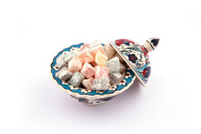 Mixed Turkish Delights In Bowls With Ceramic Lids. Colorful Turkish Delights In Ceramic Bowl