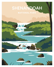Travel Poster Of Waterfalls In Shenandoah National Park. Landscape Vector Illustration With Minimalist Style.