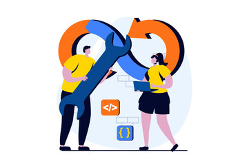 Poster - DevOps concept with people scene in flat cartoon design. Woman and man working in programming apps and collaboration at development processes on products. Illustration visual story for web
