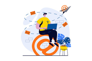 Email service concept with people scene in flat cartoon design. Man sends promo letters and personal emails using laptop application. Online communication. Illustration visual story for web
